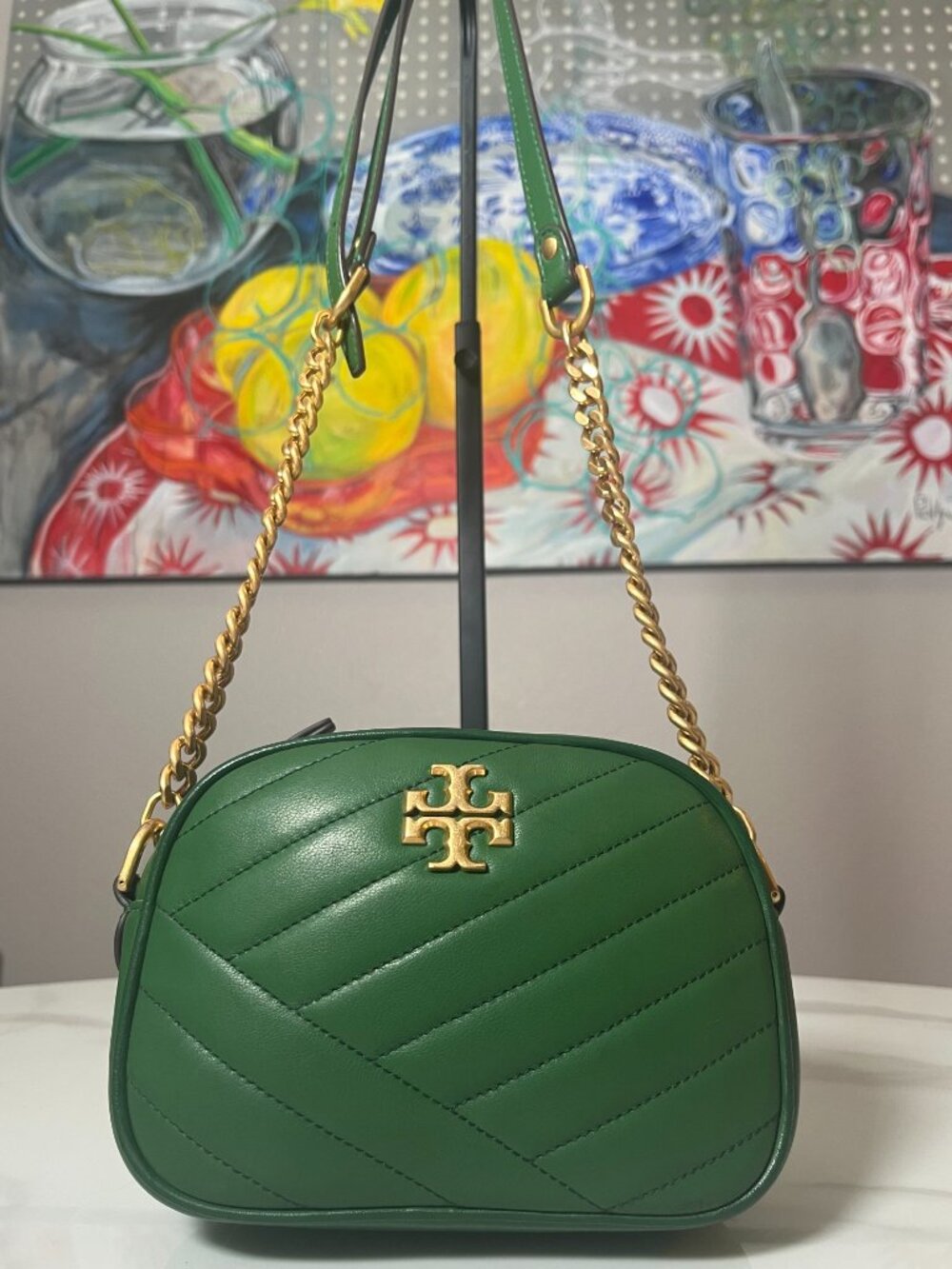 Tory Burch Kira Chevron Emerald Green Camera Bag Chain Crossbody - Picture 2 of 15